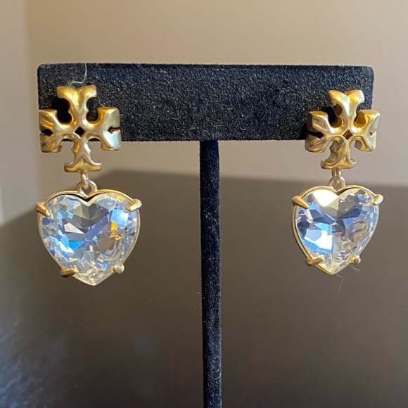 Tory Burch Kira Crystal faceted heart drops hanging from TB logo studs - Picture 5 of 10